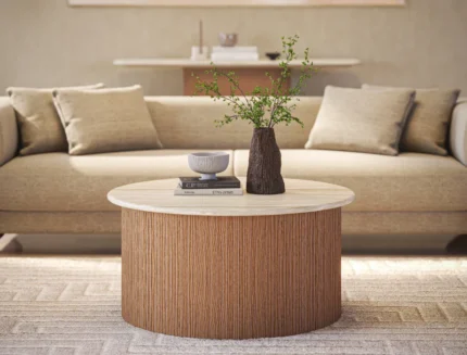 Modern round wooden center table with marble top