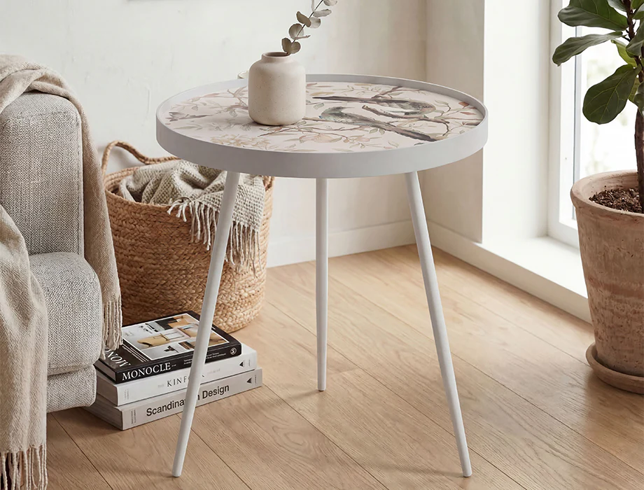 Hattie Round Tray Side Table | Modern White Accent End Table Modern floral tray-top accent table for living room