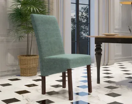Elegant fabric dining chair featuring a padded seat, ergonomic high back, and sturdy wooden legs in a modern dining room.