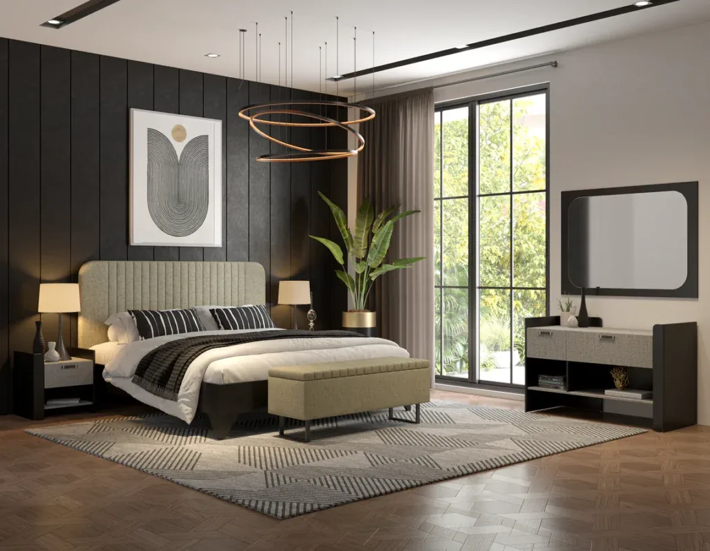 KAV upholstered bed set with beige fabric headboard, bedside table, dressing console, mirror, and upholstered bench.
