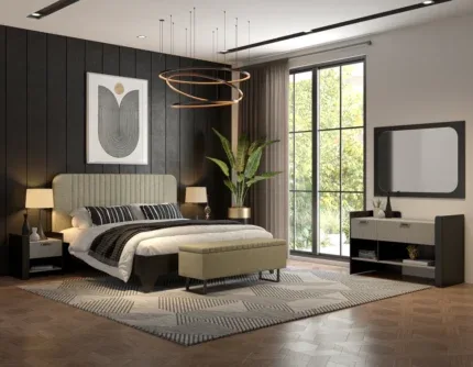 KAV upholstered bed set with beige fabric headboard, bedside table, dressing console, mirror, and upholstered bench.