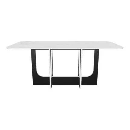 Modern 4-seater marble top dining table set with upholstered black chairs.