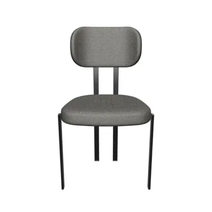 Modern grey fabric dining chair with a curved upholstered backrest and black metal frame beside a contemporary dining table.