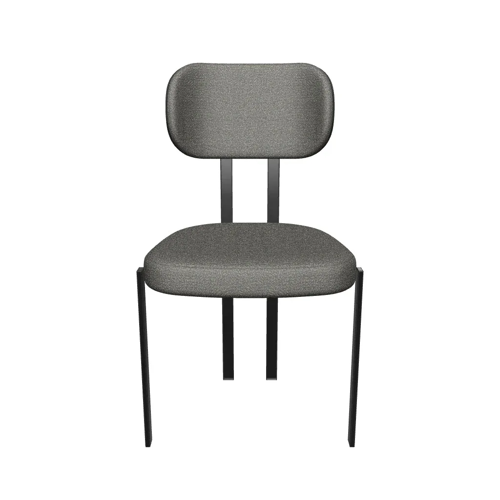 Modern Grey Fabric Dining Chair with Metal Frame | Contemporary Upholstered Dining Chair Modern grey fabric dining chair with a curved upholstered backrest and black metal frame beside a contemporary dining table.