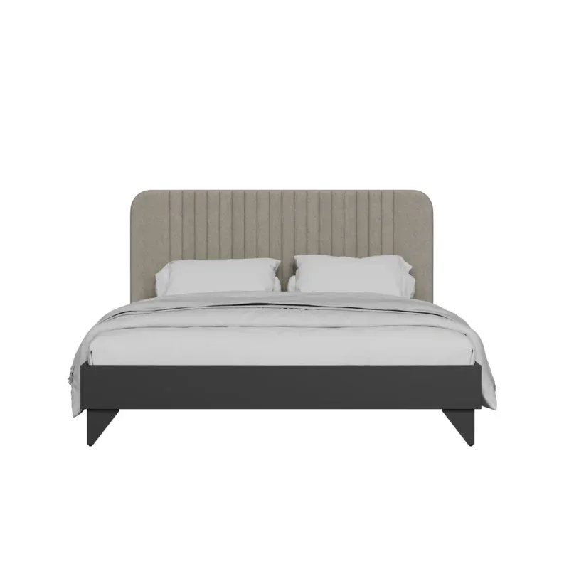 Modern luxury upholstered bedroom furniture set featuring a beige fabric bed, dressing table, bedside table, mirror, and bench.
