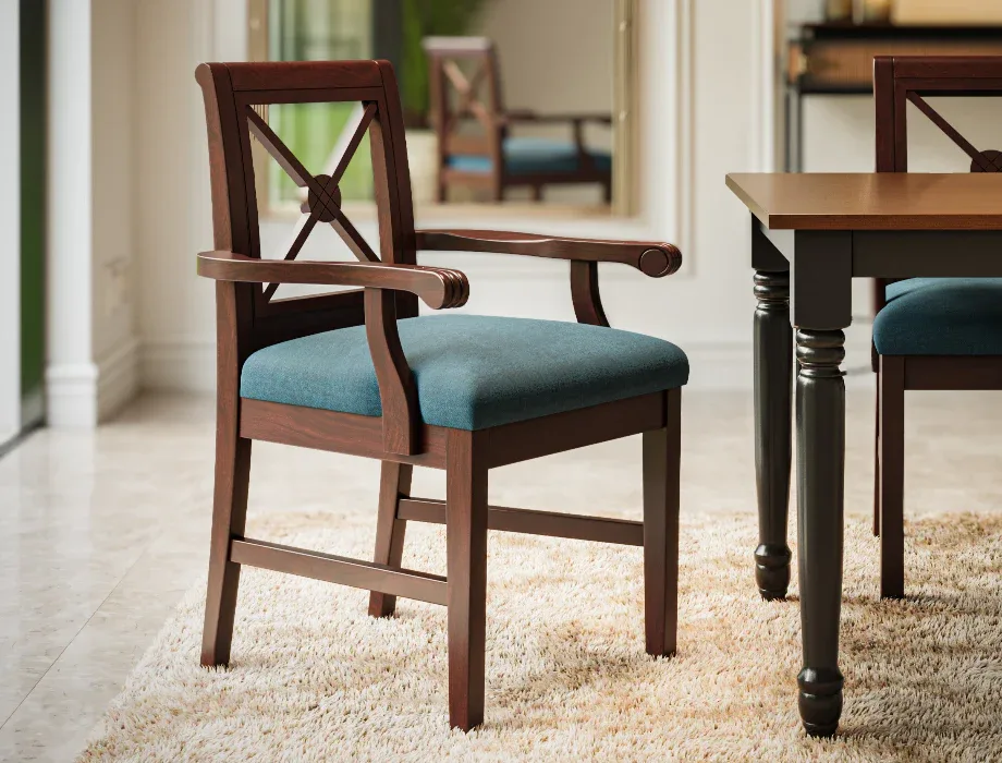 Solid Wood Dining Arm Chair with Upholstered Seat | Modern Wooden Dining Chair