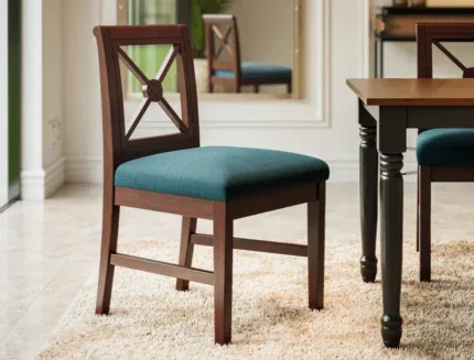 Modern wooden dining chair featuring a decorative cross-back design and cushioned fabric seat in a stylish dining room.