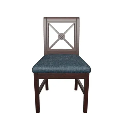 Solid wood cross-back dining chair with a blue upholstered seat placed beside a contemporary wooden dining table.
