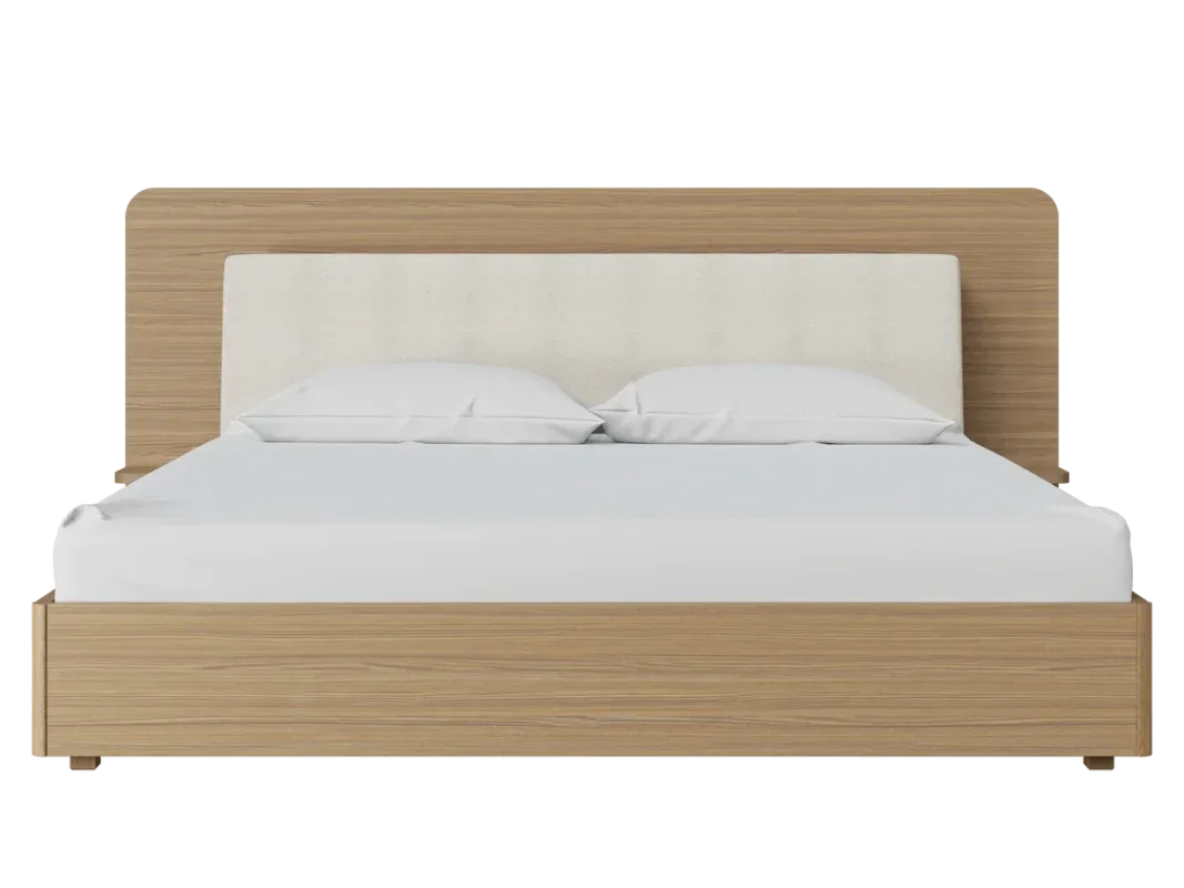 Modern wooden bed frame featuring an upholstered fabric headboard, elegant natural wood finish, and contemporary bedroom décor.