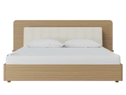 Modern wooden bed frame featuring an upholstered fabric headboard, elegant natural wood finish, and contemporary bedroom décor.