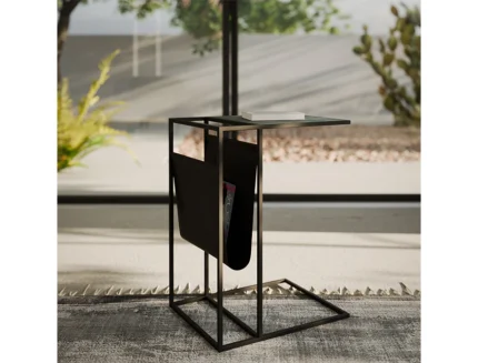 Tempered glass side table with integrated magazine holder