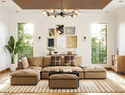 Contemporary beige modular fabric sofa with plush cushions