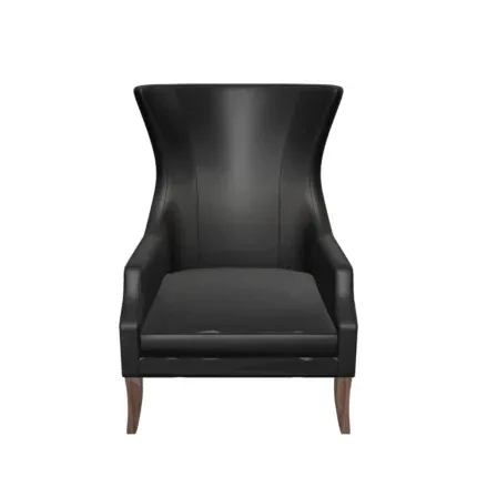 Omni black leather wingback accent chair with a high back, padded seat, and solid wood legs.