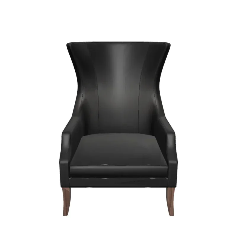Omni black leather wingback accent chair with a high back, padded seat, and solid wood legs.
