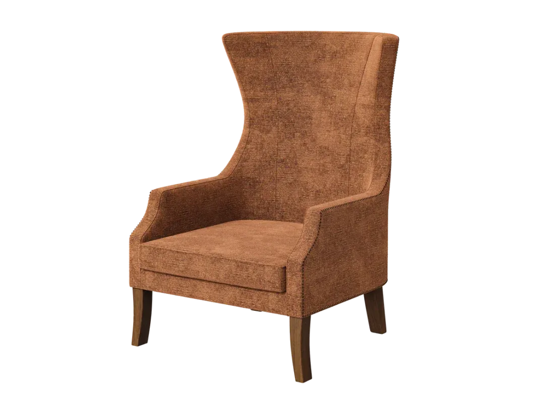 Modern wingback accent chair with burnt ginger fabric upholstery, high backrest, and solid wooden legs on a white background.