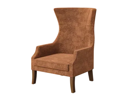 Modern wingback accent chair with burnt ginger fabric upholstery, high backrest, and solid wooden legs on a white background.