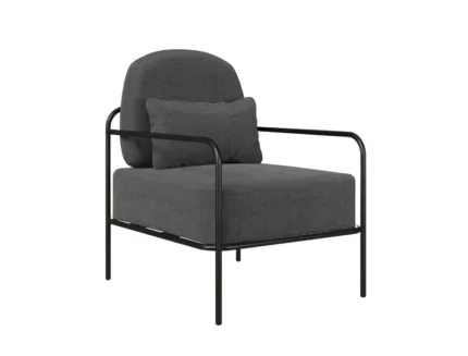 Oryn modern upholstered lounge chair with black metal frame and lumbar cushion