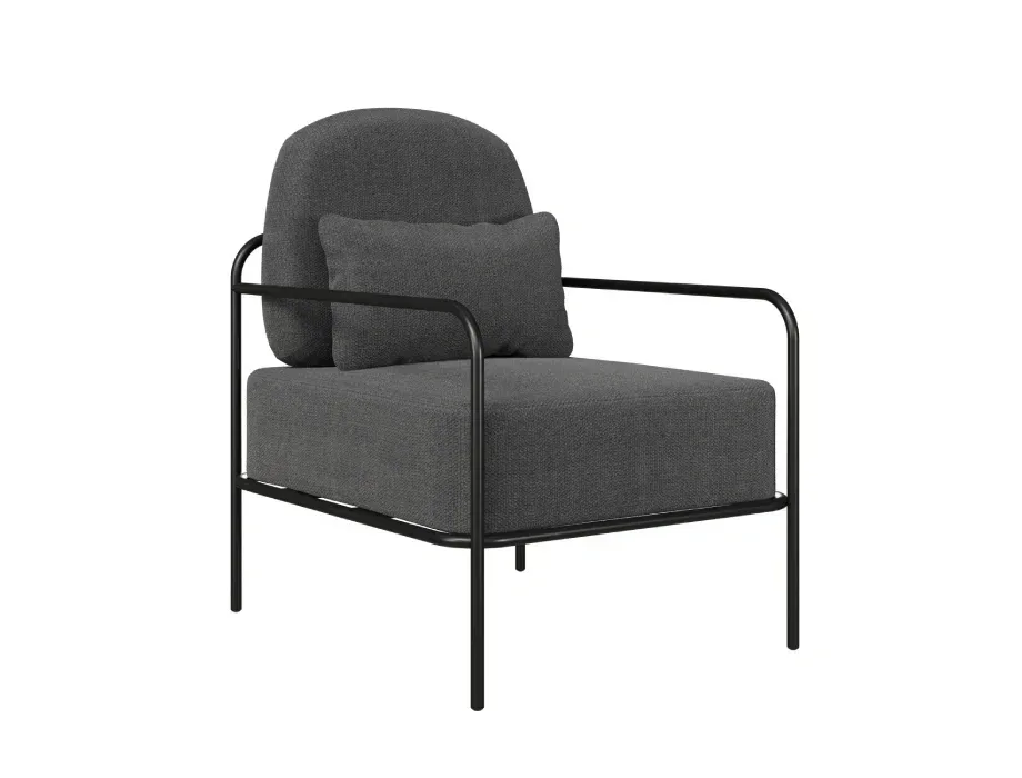 Oryn modern upholstered lounge chair with black metal frame and lumbar cushion