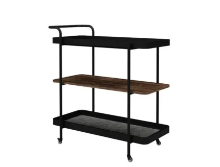Premium 3-tier rolling tea trolley with black metal frame, wooden shelf, and decorative serving trays in a modern living room.