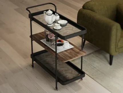 Contemporary black metal tea trolley with wooden shelf and lockable wheels, ideal for home, café, and office use.
