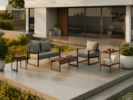 Weather-resistant patio sofa set with wooden slat tables