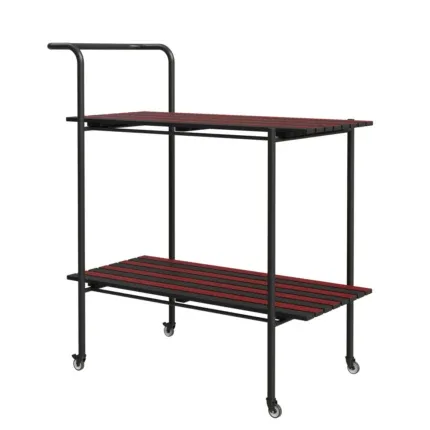 Modern 3-tier tea trolley with black metal frame, wooden center shelf, and lockable caster wheels for serving beverages.