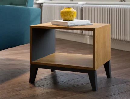 Modern oak finish side table with black legs