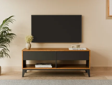 Oak finish entertainment console with open shelves