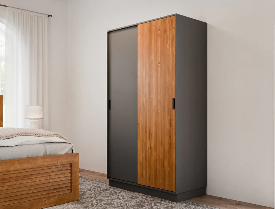 Quest Modern 2-Door Sliding Wardrobe | Wooden Bedroom Storage Closet Grey and Oak Sliding Door Bedroom Wardrobe