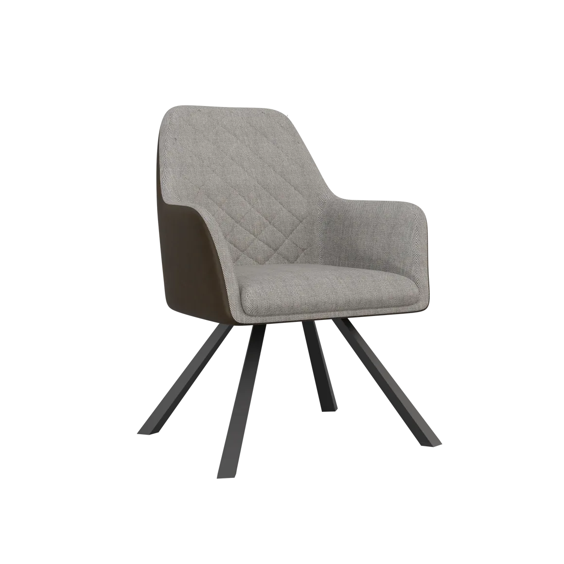 Modern Upholstered Dining Arm Chair with Diamond Stitching | Contemporary Fabric Dining Chair Modern upholstered dining arm chair with diamond-stitched fabric backrest, integrated armrests, and black metal legs beside a contemporary dining table.