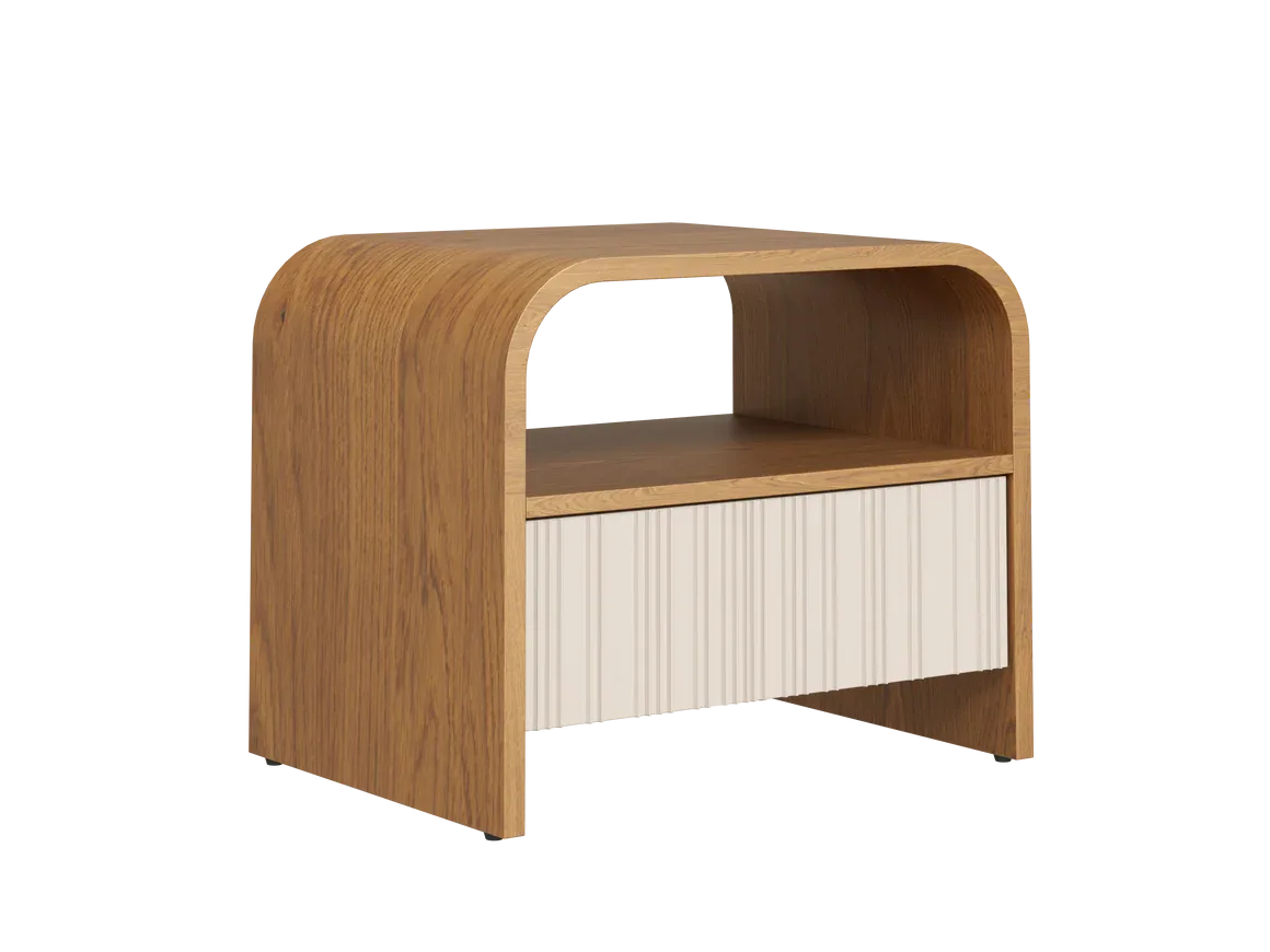 Modern Curved Wooden Bedside Table with Drawer | Luxury Bedroom Nightstand Modern curved wooden bedside table with fluted drawer and open shelf beside an upholstered bed.