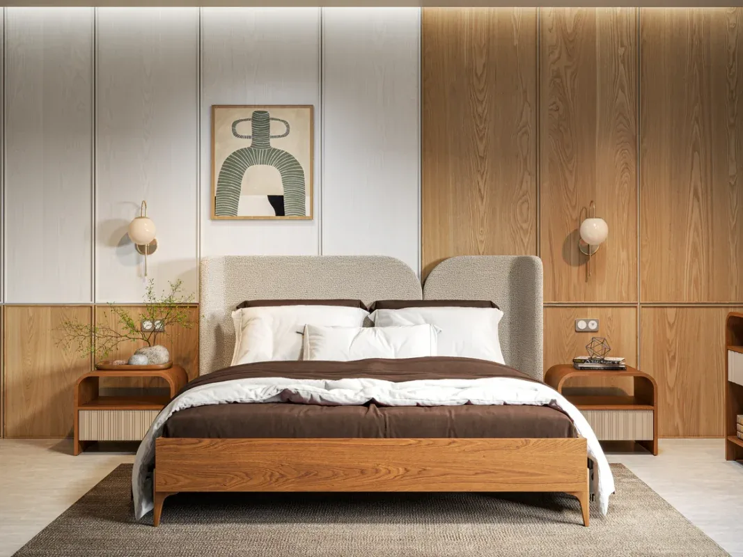 Premium minimalist king size bed with wooden headboard and elegant white platform base.