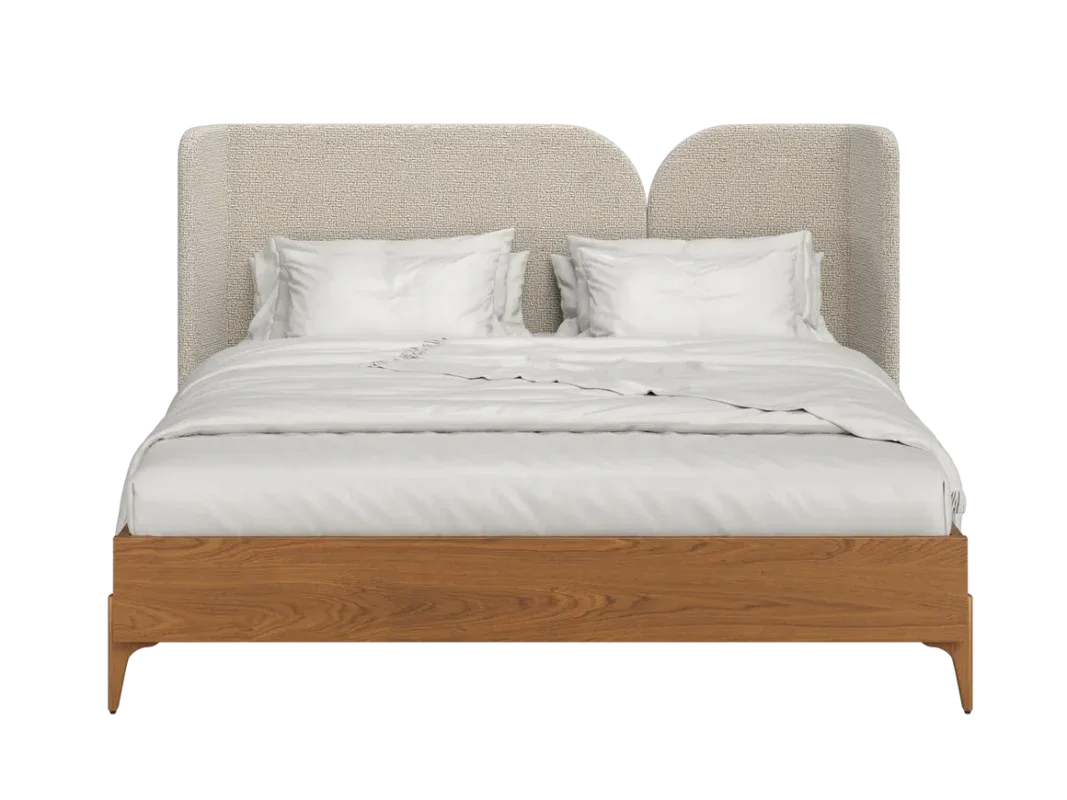 Queen size upholstered wooden bed with a soft wingback headboard in a modern bedroom.