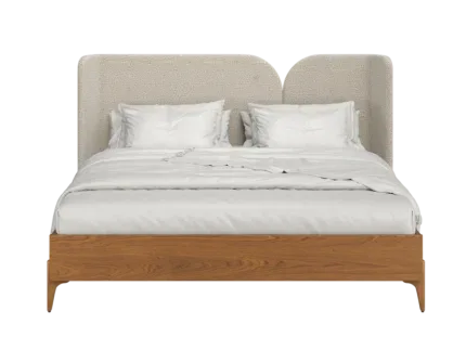Queen size upholstered wooden bed with a soft wingback headboard in a modern bedroom.