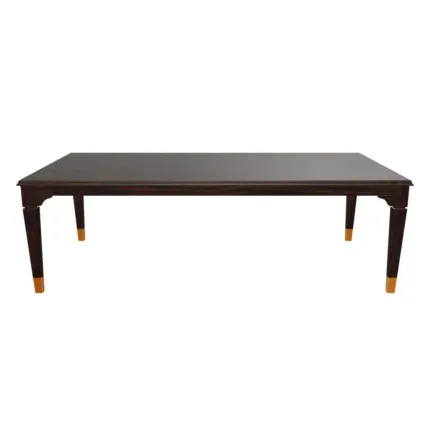 Royal Cocoa 8-seater solid wood dining table with upholstered cross-back chairs.