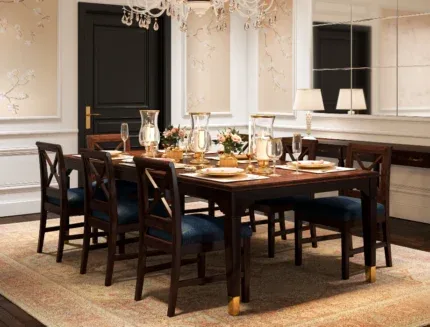 Classic wooden dining room furniture with upholstered seating and luxury brass accents.