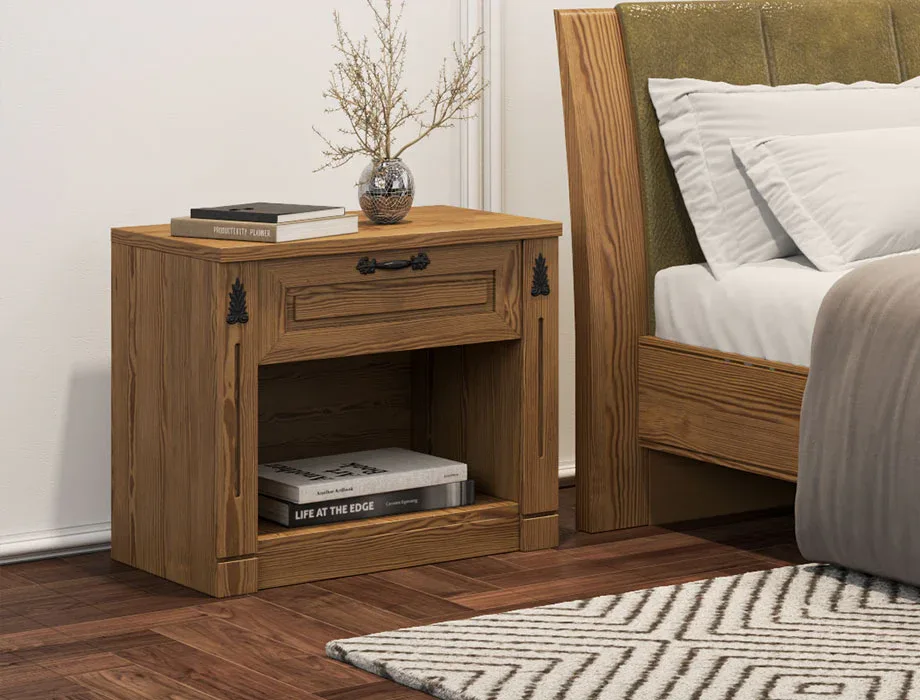 Elegant oak bedside table with classic craftsmanship for stylish bedroom organization.