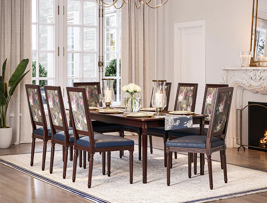 Classic 8-Seater Solid Wood Dining Table Set with Upholstered Chairs Luxury wooden dining table set with eight cushioned high-back dining chairs.