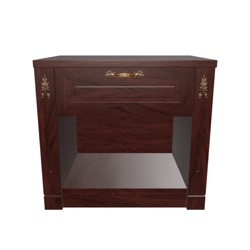 Elegant wooden nightstand featuring antique brass handle and decorative gold accents.