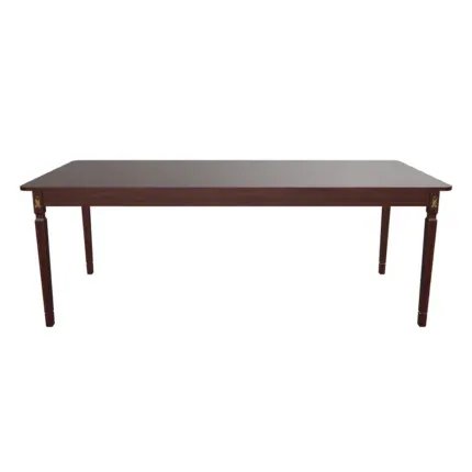 Classic 8-seater solid wood dining table with upholstered floral-back chairs.