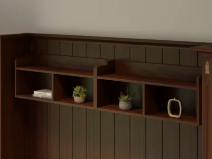 Walnut finish headboard organizer with decorative shelving