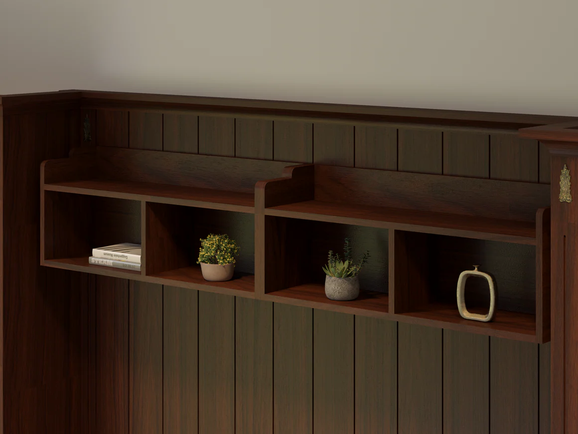 Sienna Solid Wood Headboard Storage Shelf – Walnut Finish Walnut finish headboard organizer with decorative shelving