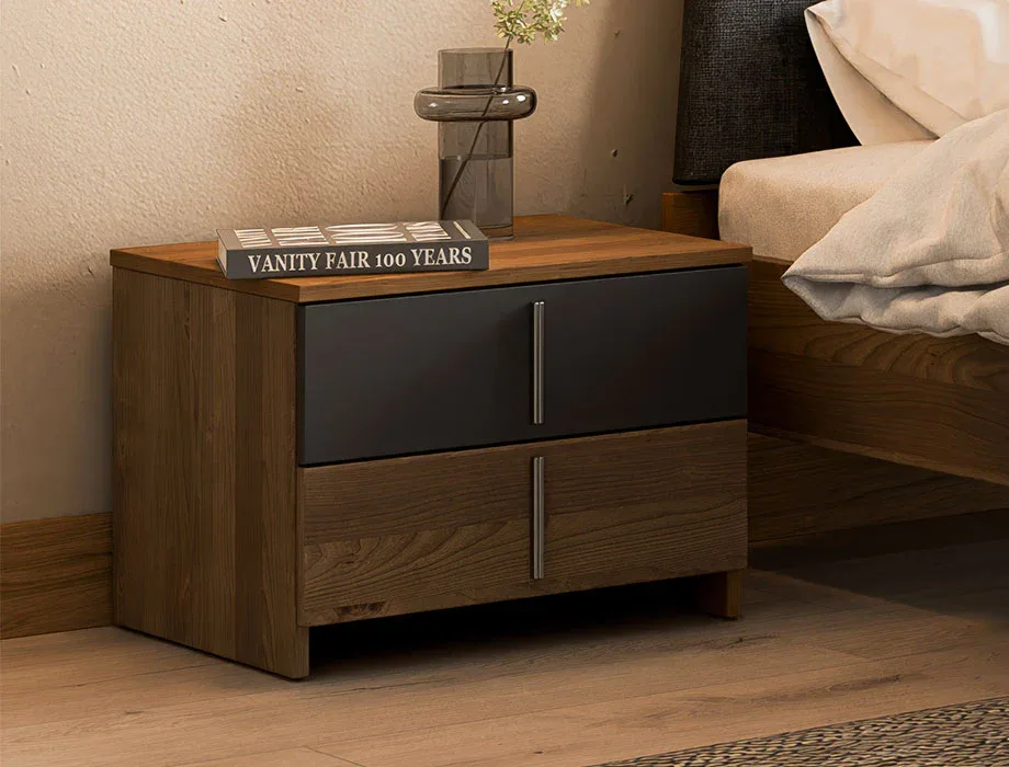 Modern Walnut Bedside Table with 2 Drawers | Contemporary Wooden Nightstand