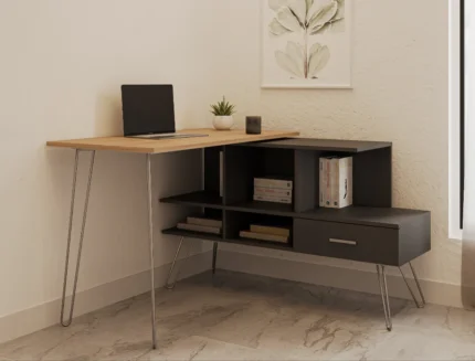 Contemporary home office desk with open shelving