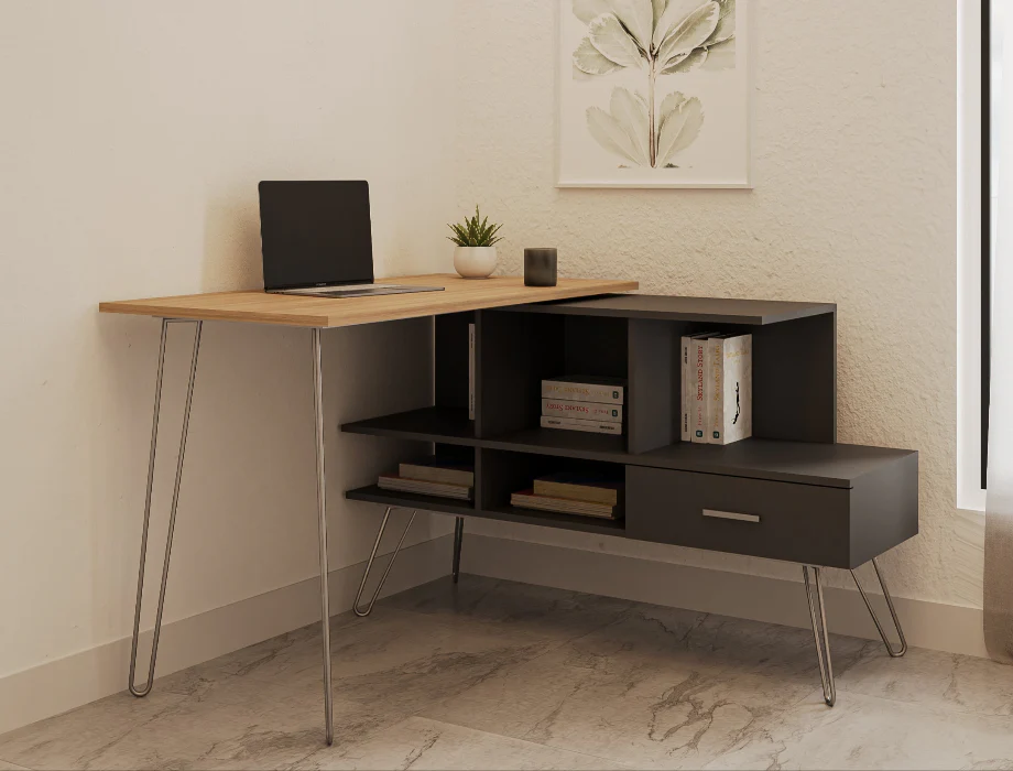 Modern L-Shaped Computer Desk with Storage Shelves & Drawer – Wooden Corner Study Table Contemporary home office desk with open shelving