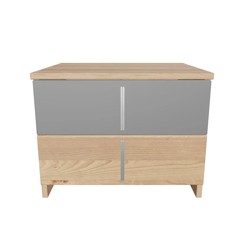 Modern walnut bedside table with two storage drawers and black drawer fronts. Premium walnut bedside cabinet with modern two-tone finish for stylish bedrooms.