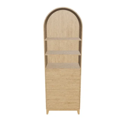 Oak finish storage cabinet with open shelves