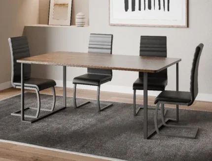 Contemporary wood-finish dining table with six cushioned dining chairs.