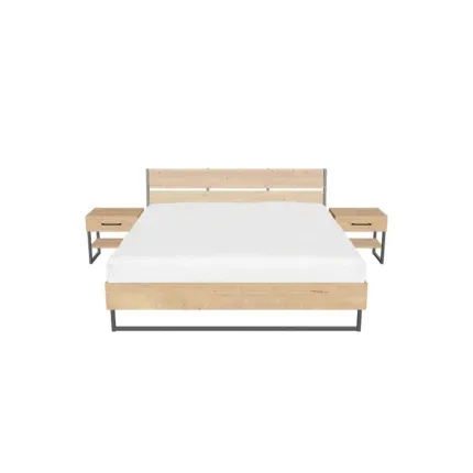 Modern wooden platform bed with natural wood finish in a minimalist bedroom.