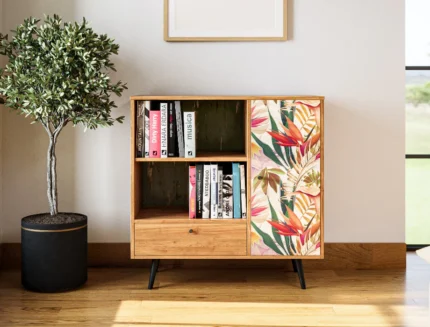 Scandinavian wooden cabinet with decorative tropical panel